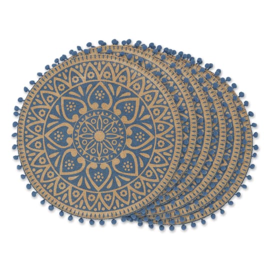 French Blue Block Print On Natural Round Jute Placemat (Set of 6)